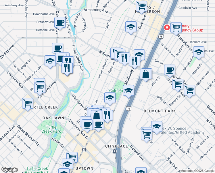 map of restaurants, bars, coffee shops, grocery stores, and more near 4026 Travis Street in Dallas