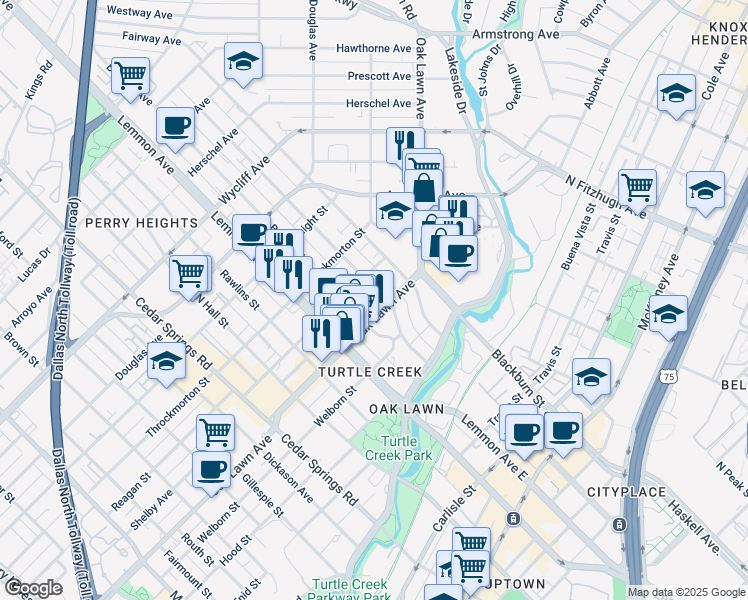 map of restaurants, bars, coffee shops, grocery stores, and more near 10 Holland Avenue in Dallas