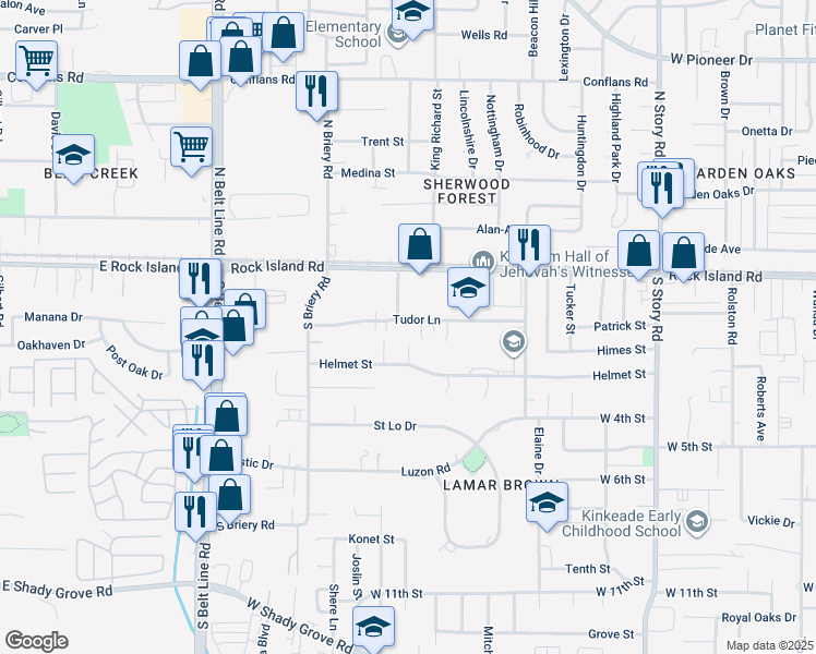map of restaurants, bars, coffee shops, grocery stores, and more near 3035 Tudor Lane in Irving