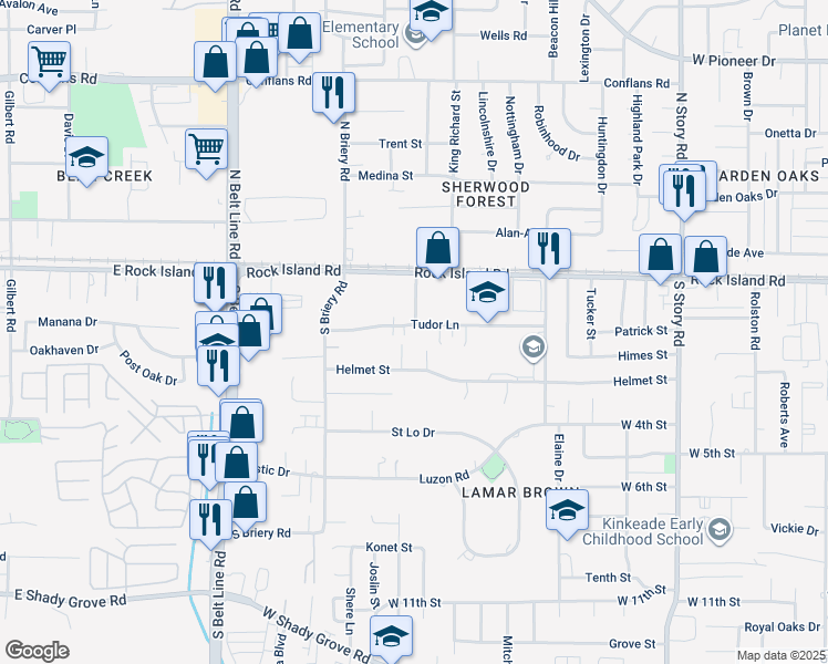 map of restaurants, bars, coffee shops, grocery stores, and more near 3035 Tudor Lane in Irving