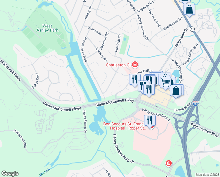 map of restaurants, bars, coffee shops, grocery stores, and more near 1655 Sulgrave Road in Charleston