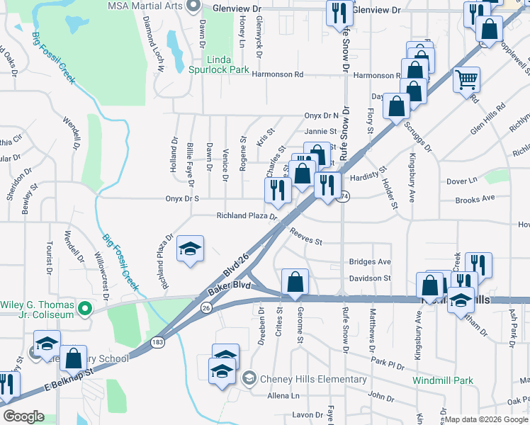 map of restaurants, bars, coffee shops, grocery stores, and more near 6440 Onyx Drive South in North Richland Hills