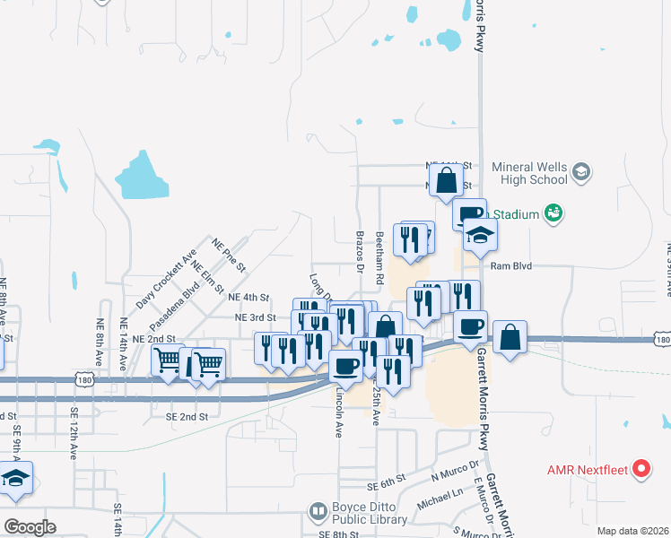map of restaurants, bars, coffee shops, grocery stores, and more near 2811 Sharon Drive in Mineral Wells