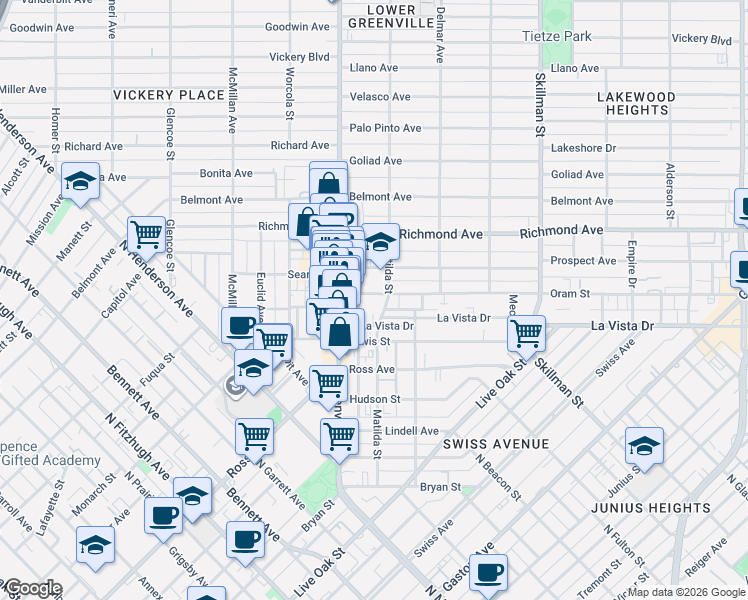 map of restaurants, bars, coffee shops, grocery stores, and more near 2002 Matilda Street in Dallas