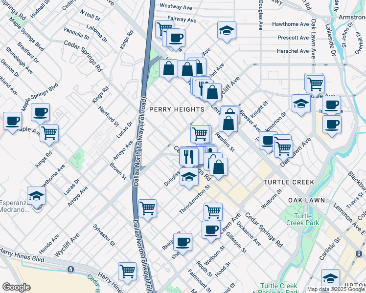 map of restaurants, bars, coffee shops, grocery stores, and more near 3101B Wycliff Avenue in Dallas
