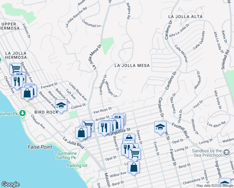 map of restaurants, bars, coffee shops, grocery stores, and more near 5381 Moonlight Lane in San Diego