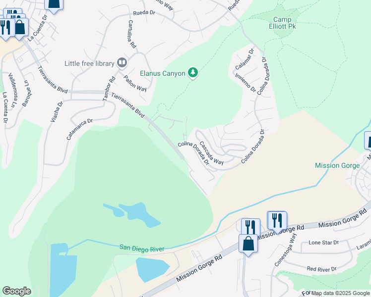 map of restaurants, bars, coffee shops, grocery stores, and more near 3811 Colina Dorada Drive in San Diego