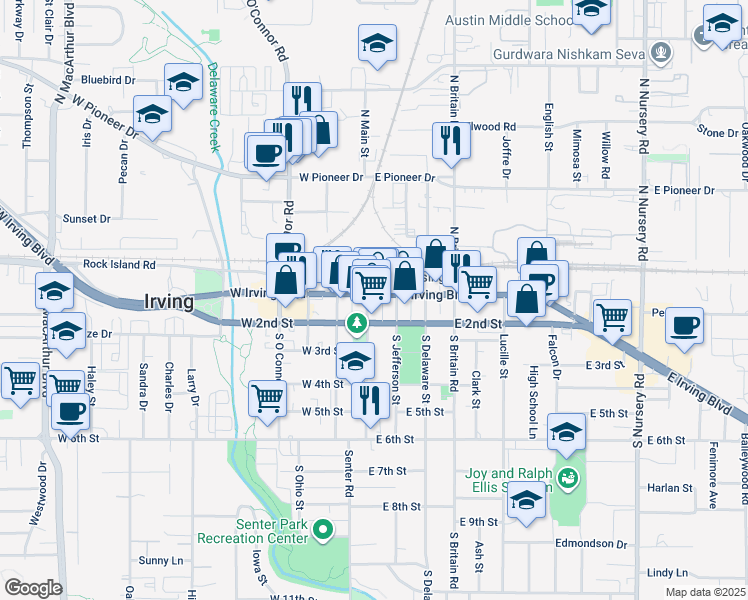 map of restaurants, bars, coffee shops, grocery stores, and more near 117 West Irving Boulevard in Irving