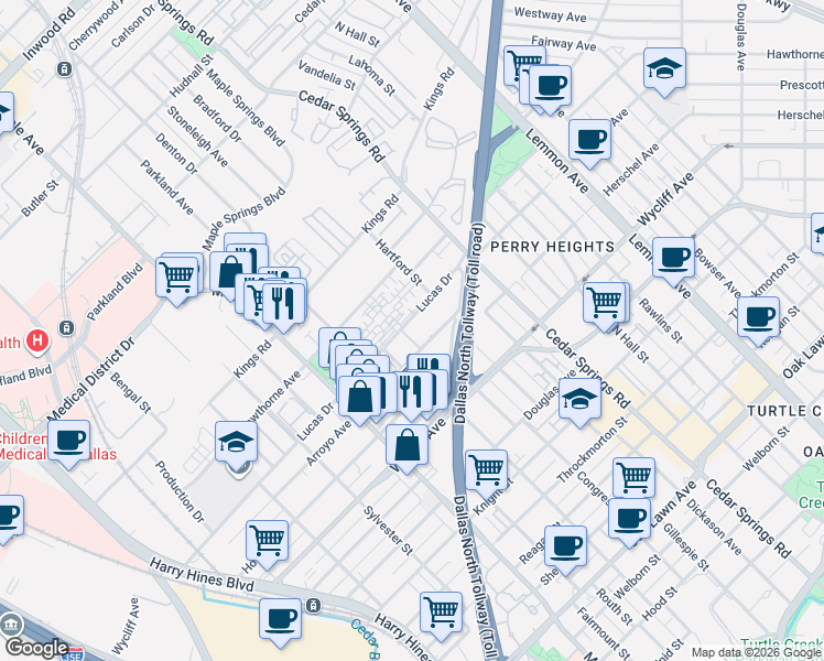 map of restaurants, bars, coffee shops, grocery stores, and more near 2924 Lucas Drive in Dallas
