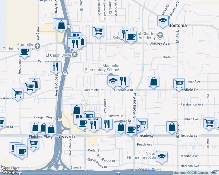 map of restaurants, bars, coffee shops, grocery stores, and more near 650 Greenfield Drive in El Cajon