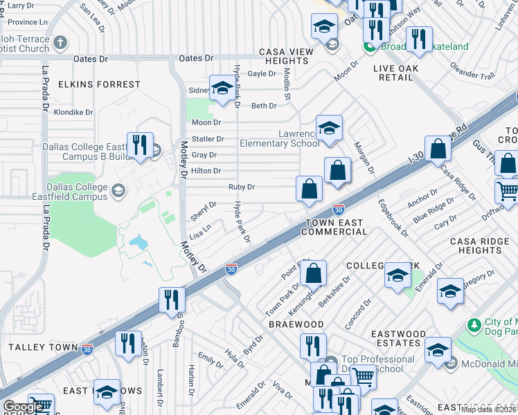 map of restaurants, bars, coffee shops, grocery stores, and more near 3517 Sheryl Drive in Mesquite