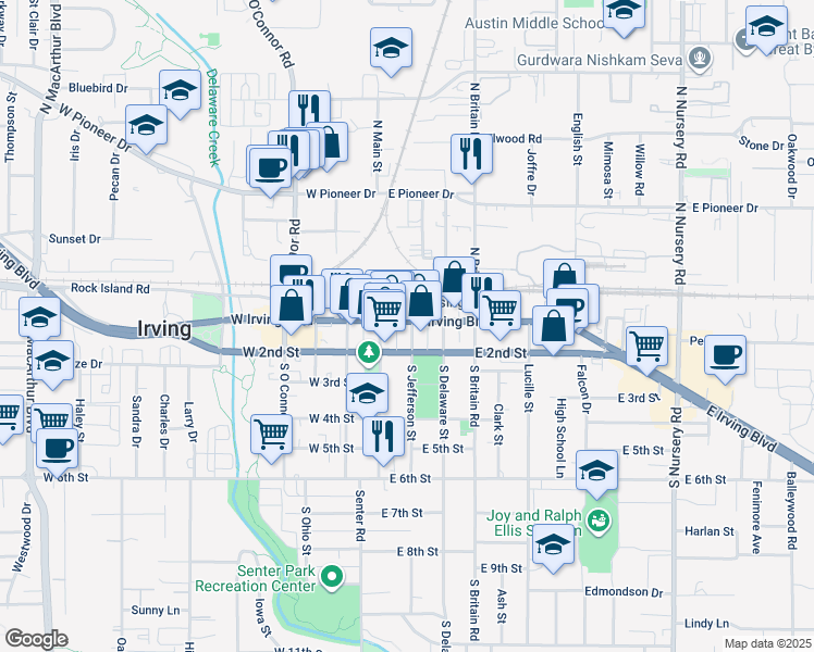 map of restaurants, bars, coffee shops, grocery stores, and more near 111 E Irving Blvd in Irving