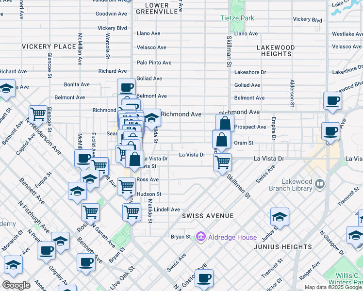 map of restaurants, bars, coffee shops, grocery stores, and more near 5900 Oram Street in Dallas