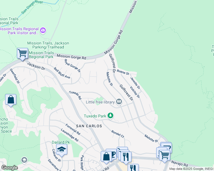 map of restaurants, bars, coffee shops, grocery stores, and more near 7672 Rowena Street in San Diego