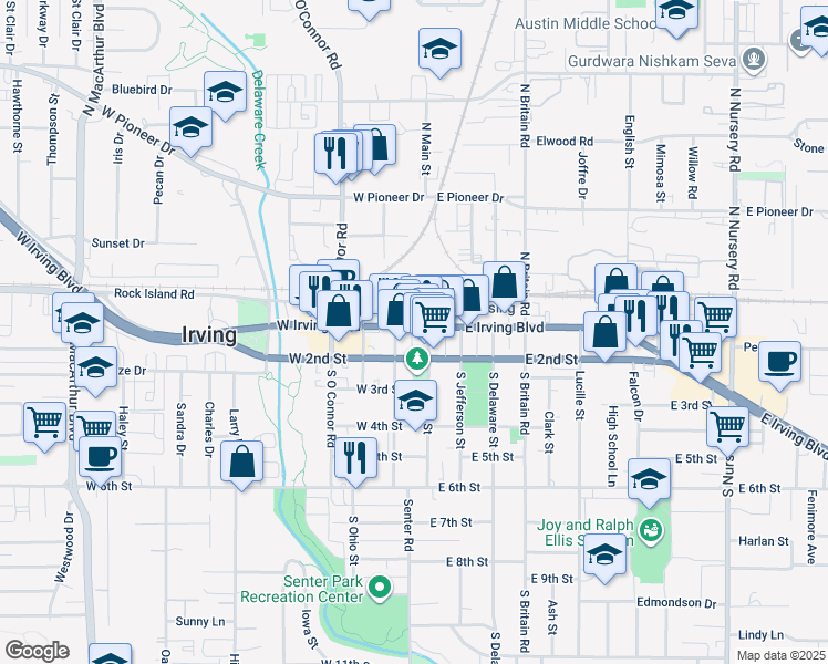 map of restaurants, bars, coffee shops, grocery stores, and more near 117 West Irving Boulevard in Irving