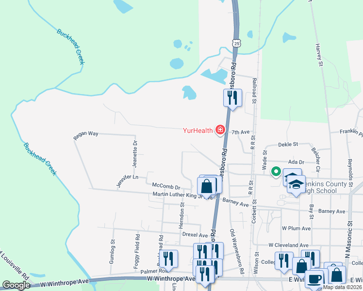 map of restaurants, bars, coffee shops, grocery stores, and more near 220 Landrum Drive in Millen
