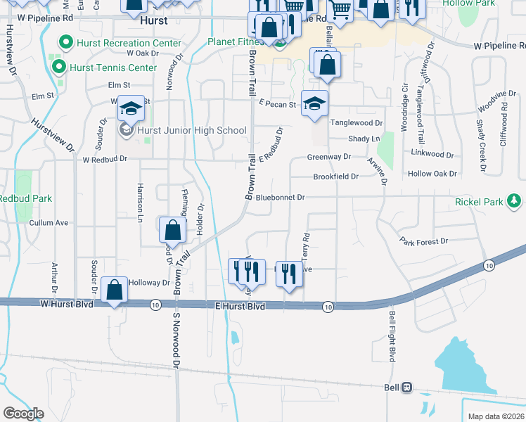 map of restaurants, bars, coffee shops, grocery stores, and more near 25 Page Street in Hurst