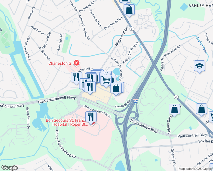 map of restaurants, bars, coffee shops, grocery stores, and more near 2245 Ashley Crossing Drive in Charleston