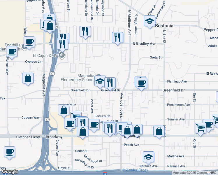 map of restaurants, bars, coffee shops, grocery stores, and more near Pierre Way in El Cajon