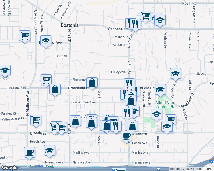 map of restaurants, bars, coffee shops, grocery stores, and more near 1247 Flamingo Avenue in El Cajon