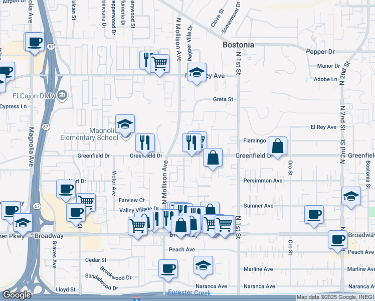 map of restaurants, bars, coffee shops, grocery stores, and more near 1334-36 Buckeye Court in El Cajon