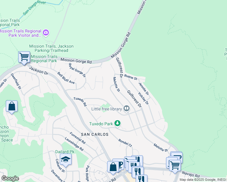 map of restaurants, bars, coffee shops, grocery stores, and more near 7672 Rowena Street in San Diego