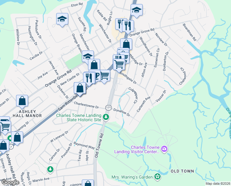 map of restaurants, bars, coffee shops, grocery stores, and more near 1660 Ingram Road in Charleston