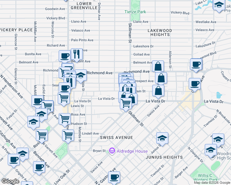 map of restaurants, bars, coffee shops, grocery stores, and more near 6003 Oram Street in Dallas