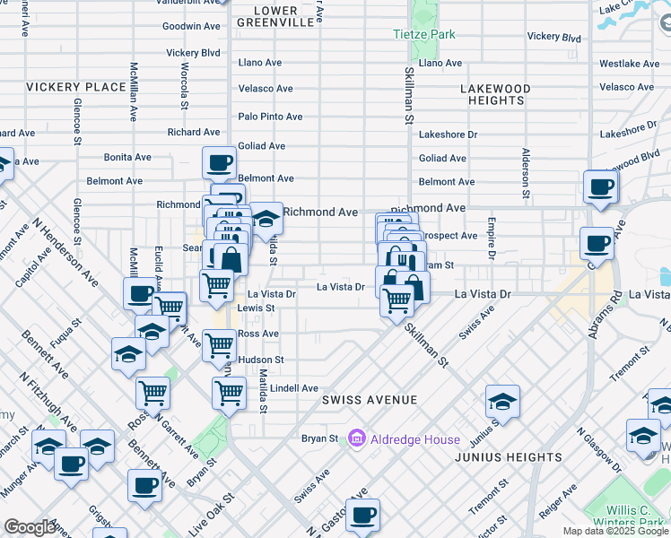 map of restaurants, bars, coffee shops, grocery stores, and more near 5923A Oram Street in Dallas