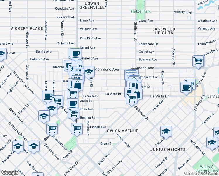 map of restaurants, bars, coffee shops, grocery stores, and more near 5923A Oram Street in Dallas