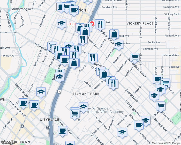 map of restaurants, bars, coffee shops, grocery stores, and more near 2707 North Fitzhugh Avenue in Dallas