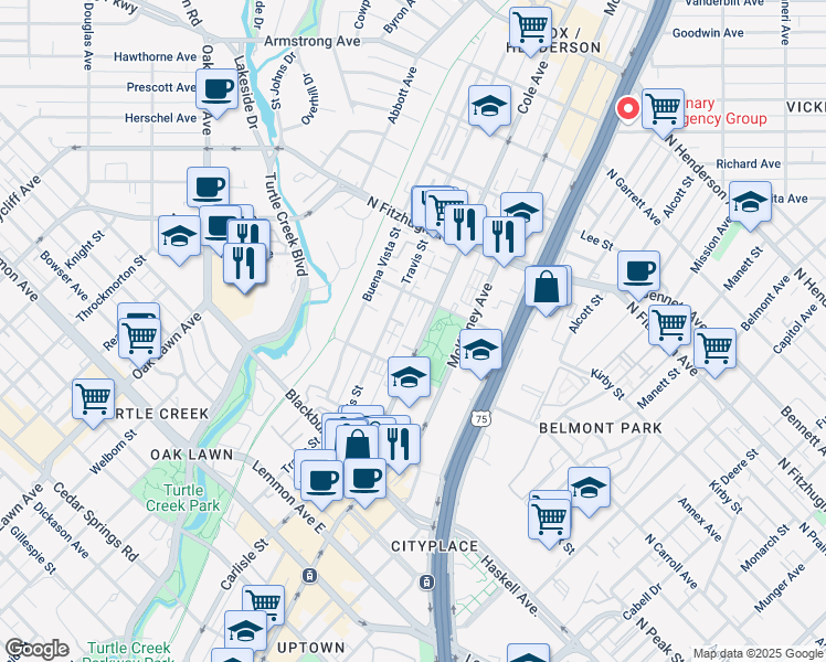 map of restaurants, bars, coffee shops, grocery stores, and more near 4026 Travis Street in Dallas