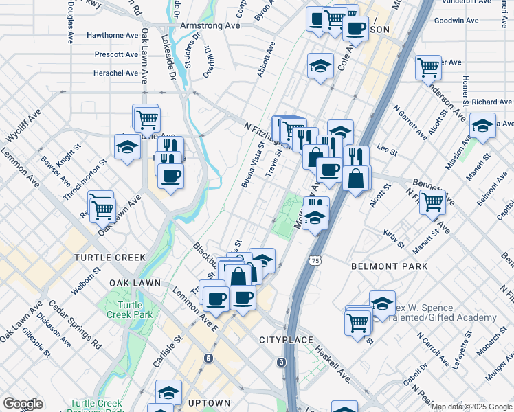 map of restaurants, bars, coffee shops, grocery stores, and more near 4026 Travis Street in Dallas