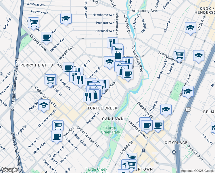 map of restaurants, bars, coffee shops, grocery stores, and more near 10 Holland Avenue in Dallas