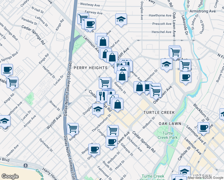 map of restaurants, bars, coffee shops, grocery stores, and more near 3310 Douglas Avenue in Dallas
