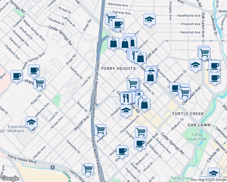 map of restaurants, bars, coffee shops, grocery stores, and more near 3101B Wycliff Avenue in Dallas