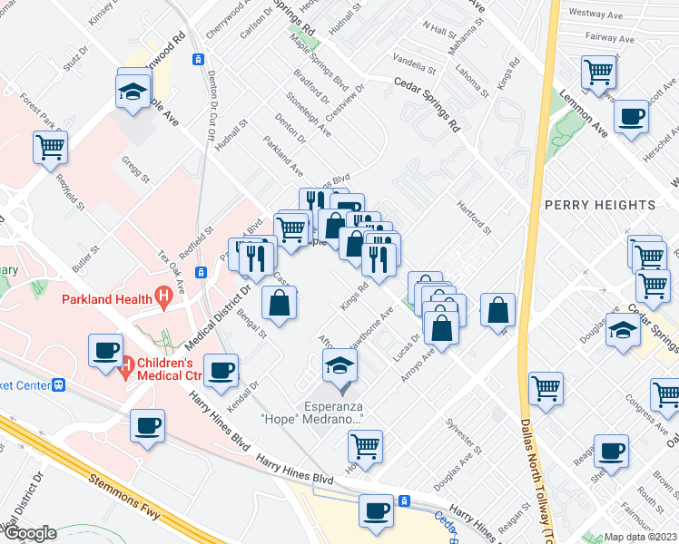 map of restaurants, bars, coffee shops, grocery stores, and more near 4729 Maple Avenue in Dallas