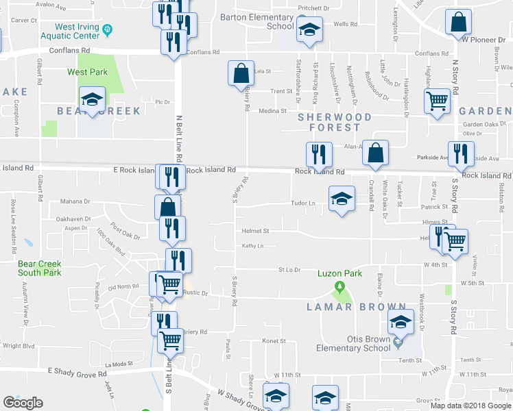 map of restaurants, bars, coffee shops, grocery stores, and more near 3123 Tudor Lane in Irving