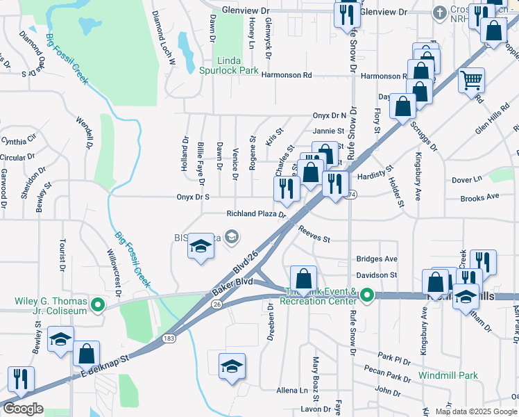 map of restaurants, bars, coffee shops, grocery stores, and more near 6440 Onyx Drive South in North Richland Hills