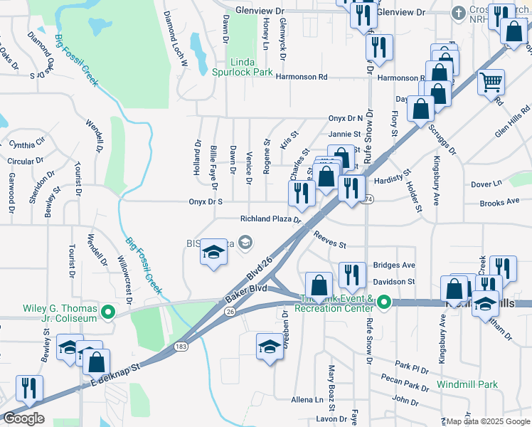 map of restaurants, bars, coffee shops, grocery stores, and more near 6410 Onyx Drive South in North Richland Hills