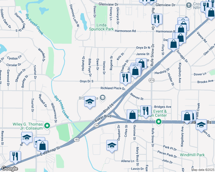 map of restaurants, bars, coffee shops, grocery stores, and more near 6410 Onyx Drive South in North Richland Hills