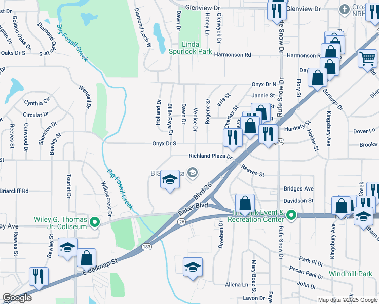 map of restaurants, bars, coffee shops, grocery stores, and more near 6322 Onyx Drive South in North Richland Hills