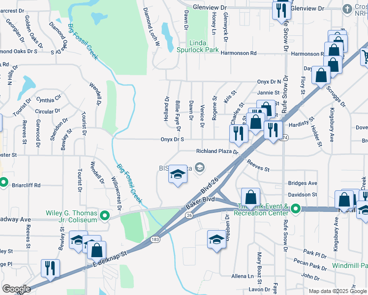 map of restaurants, bars, coffee shops, grocery stores, and more near 6322 Onyx Drive South in North Richland Hills