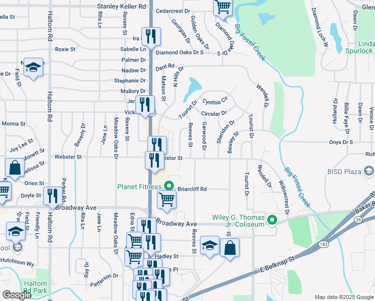 map of restaurants, bars, coffee shops, grocery stores, and more near 3517 Reeves Street in North Richland Hills