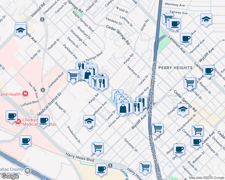map of restaurants, bars, coffee shops, grocery stores, and more near in Dallas