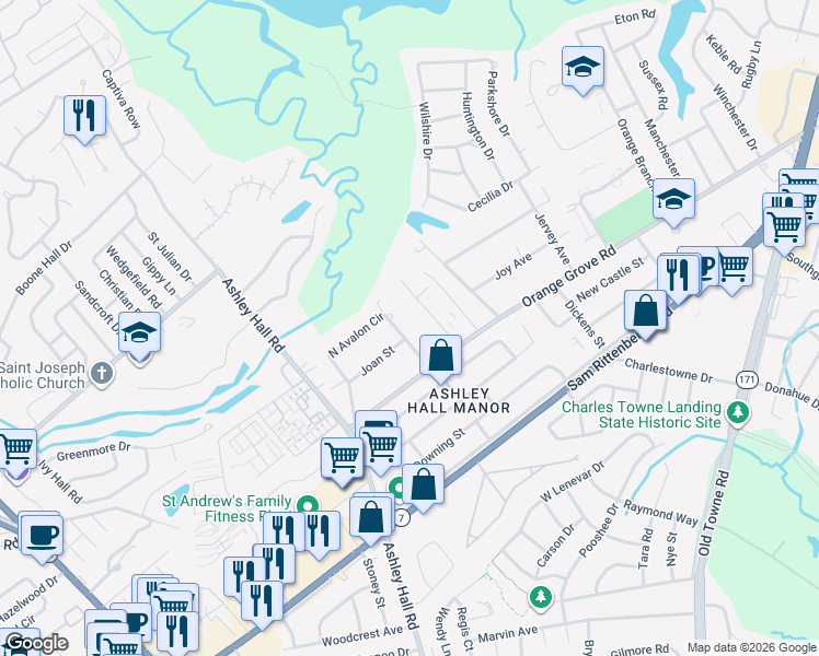 map of restaurants, bars, coffee shops, grocery stores, and more near 1728 East Avalon Circle in Charleston