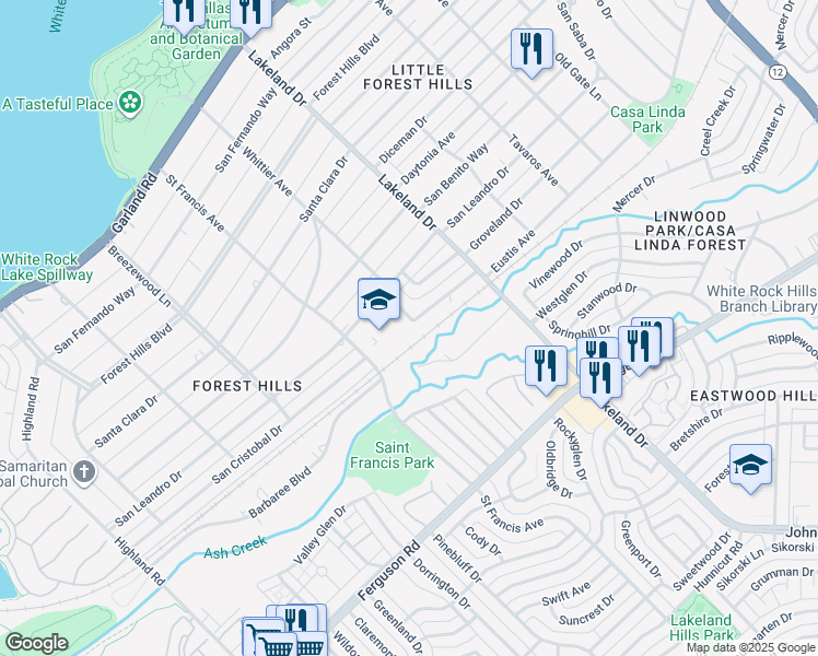 map of restaurants, bars, coffee shops, grocery stores, and more near 1730 Whittier Avenue in Dallas