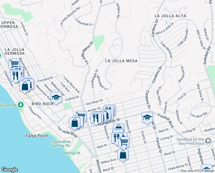 map of restaurants, bars, coffee shops, grocery stores, and more near 5381 Moonlight Lane in San Diego