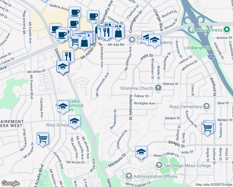 map of restaurants, bars, coffee shops, grocery stores, and more near 6530 Salizar Street in San Diego
