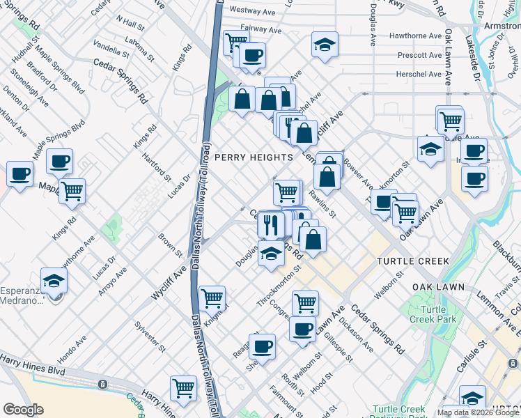 map of restaurants, bars, coffee shops, grocery stores, and more near 3109 Douglas Avenue in Dallas